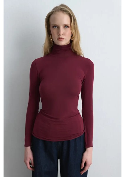 Balıkçı Yaka Kaşmir Bluz - Bordo
