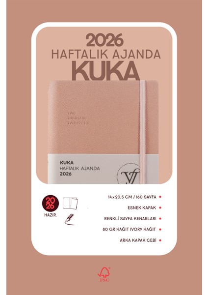 Kuka 2026 Haftalık Ajanda A5 (14x21cm) Esnek Kapak Ivory 80gr. indirimleri