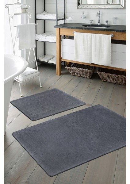 Peluş Antrasit Kaymaz Taban 2'li Banyo Paspası Takımı (50X80 50X40)