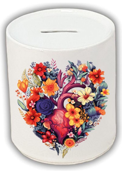 Çiçekli Kalp Baskılı Kumbara - Para Biriktirme Kumbarası