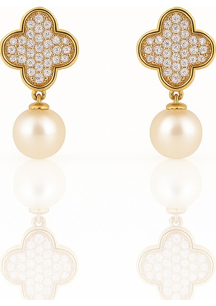 14K Gold Plated Pearl Clover Drop Küpe