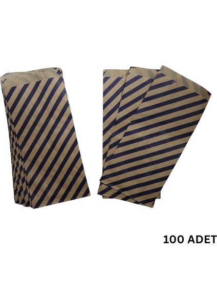 Körüklü Kraft Kese Kağıdı, Lacivert Verev Çizgili Şamua Hediye, Ambalaj Poşeti, 15X33 Cm, 100 Adet