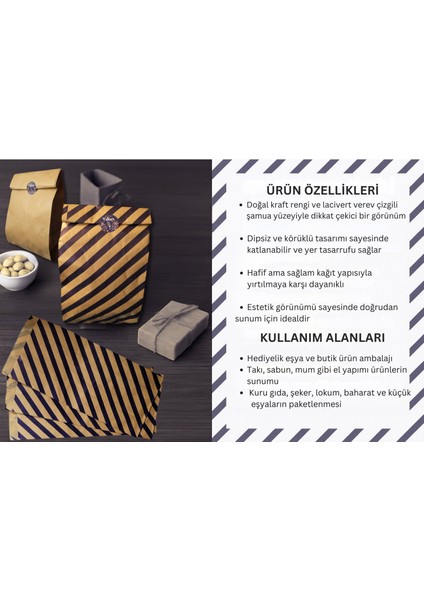 Körüklü Kraft Kese Kağıdı, Lacivert Verev Çizgili Şamua Hediye, Ambalaj Poşeti, 15X33 Cm, 100 Adet indirimleri
