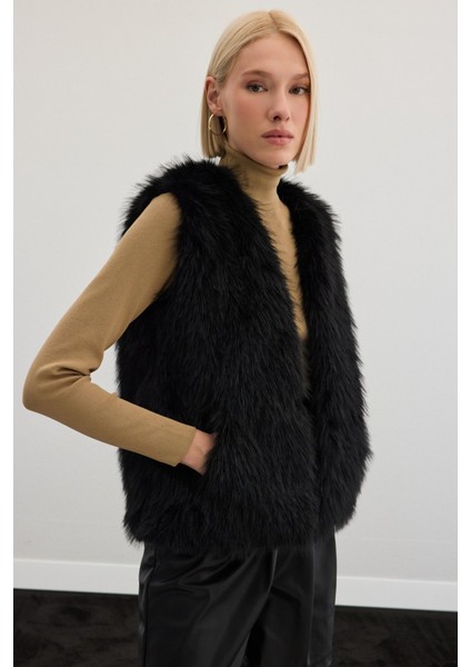 Kolsuz Uzun Yelek - Siyah