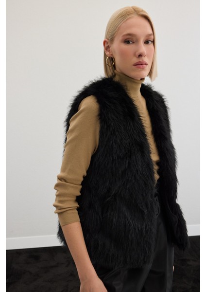 Kolsuz Uzun Yelek - Siyah