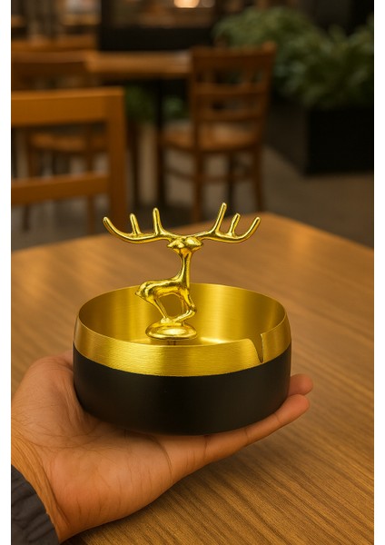 Dekoratif Geyik Figürlü Siyah Gold Küllük – Şık Çelik Kül Tablası