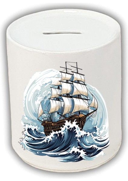 Denizde Gemi Baskılı Kumbara - Seramik Para Biriktirme Kumbarası