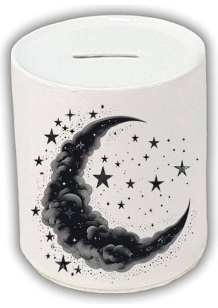 Siyah Ay ve Yıldız Baskılı Kumbara - Para Biriktirme Kumbarası