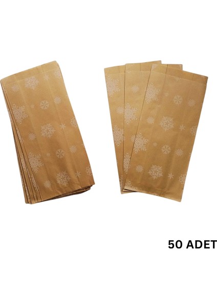 Körüklü Kraft Kese Kağıdı, Kar Tanesi Desenli Şamua Hediye, Ambalaj & Gıda Poşeti, 15X33 Cm, 50 Adet
