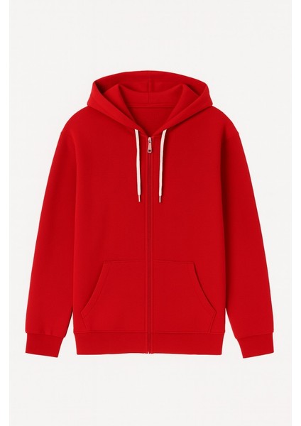 Tam Fermuarlı Kapüşonlu Kırmızı Erkek Sweatshirt Erkek Kapüşonlu Sweatshirt Kırmızı