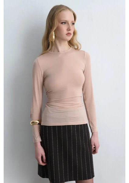 Bisiklet Yaka Kaşmir Bluz - Pudra