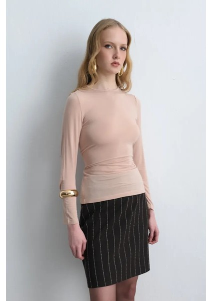 Bisiklet Yaka Kaşmir Bluz - Pudra modelleri