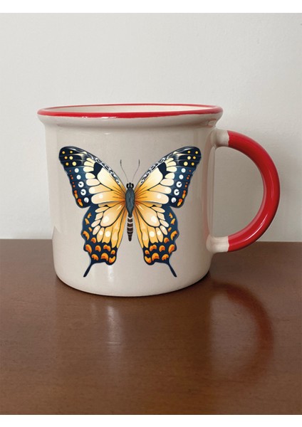 Kelebekli Kırmızı Ağızlı Kupa Bardak Sevgiliye Hediye - Seramik Çay, Kahve Hediyelik Bardağı