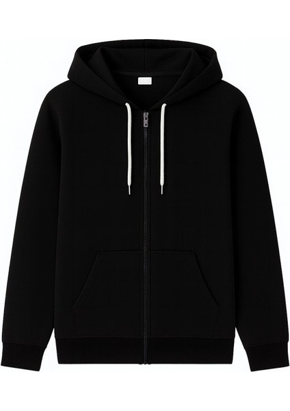 Tam Fermuarlı Kapüşonlu Siyah Erkek Sweatshirt Erkek Kapüşonlu Sweatshirt Siyah