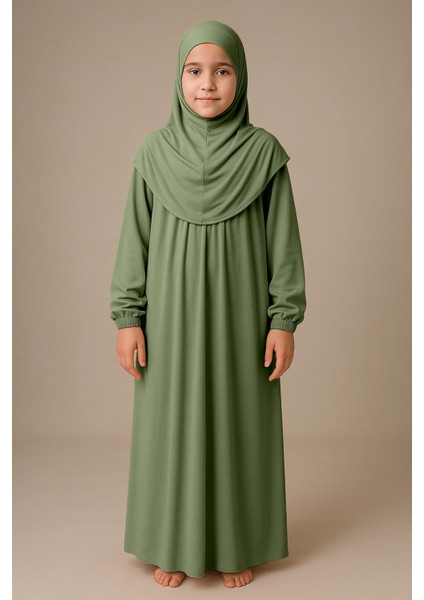Kız Çocuk Tesettür Elbisesi Tek Parça Namaz Kıyafeti Tak Çıkar Başörtülü Pamuklu Lastikli Kolu