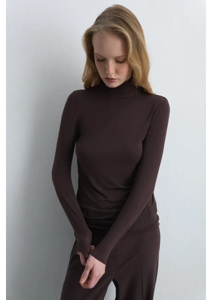 Balıkçı Yaka Kaşmir Bluz - Kahverengi