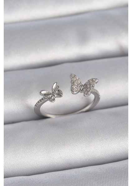 Bfs Pirinç Gümüş Renk Ayarlanabilir Zirkon Taşlı Kelebek Model Kadın Yüzük