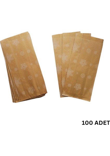 Körüklü Kraft Kese Kağıdı, Kar Tanesi Desenli Şamua Hediye, Ambalaj & Gıda Poşeti, 15X33 Cm, 100 Adet