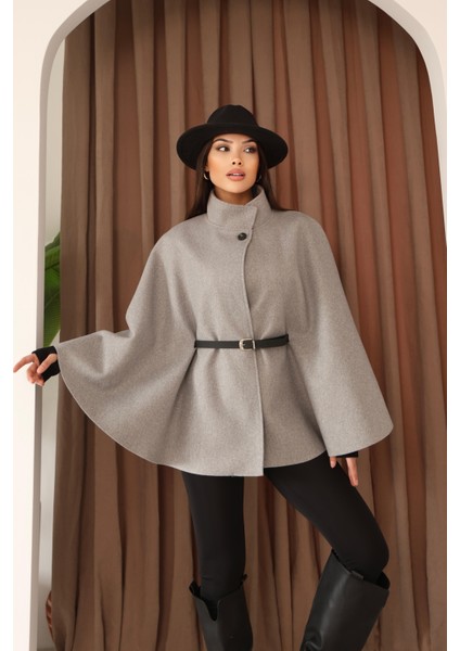 Kadın Gri Kemer Detaylı Pelerin Panço Kaban modelleri