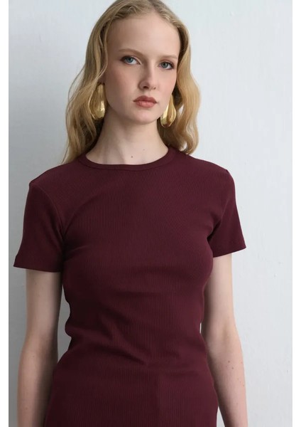 Kısa Kollu Basic Pamuk Tshirt - Bordo fiyatları