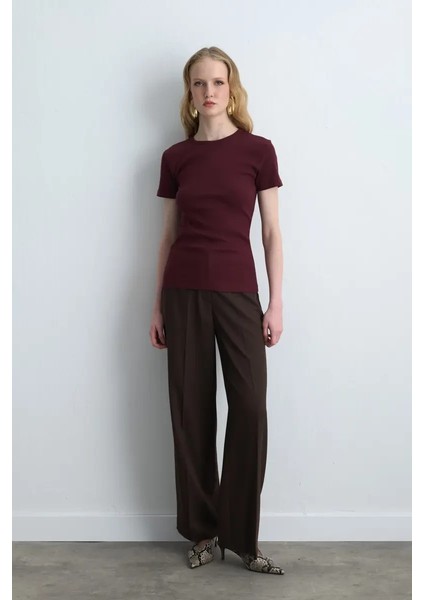Kısa Kollu Basic Pamuk Tshirt - Bordo modelleri