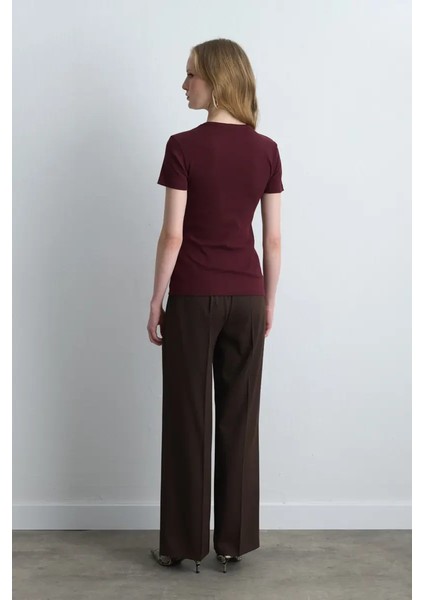 Kısa Kollu Basic Pamuk Tshirt - Bordo fırsatları