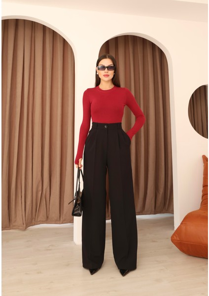Kadın Siyah Arkası Lastikli Palazzo Pantolon