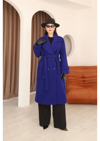 Kadın Saks Mavi Kruvaze Oversize Kuşaklı Uzun Kaşe Kaban