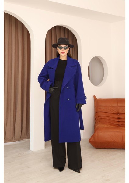 Kadın Saks Mavi Kruvaze Oversize Kuşaklı Uzun Kaşe Kaban fiyatları