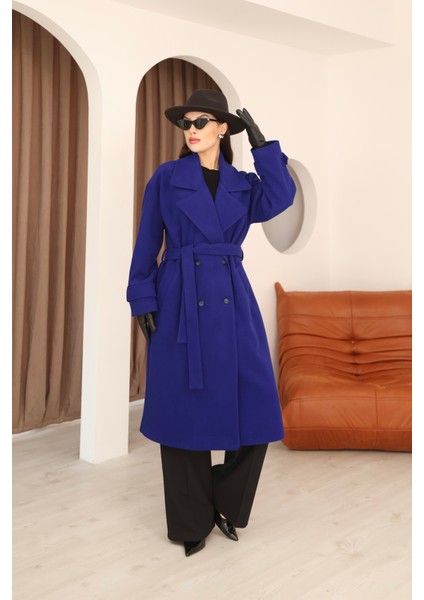 Kadın Saks Mavi Kruvaze Oversize Kuşaklı Uzun Kaşe Kaban modelleri