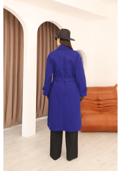 Kadın Saks Mavi Kruvaze Oversize Kuşaklı Uzun Kaşe Kaban fırsatları