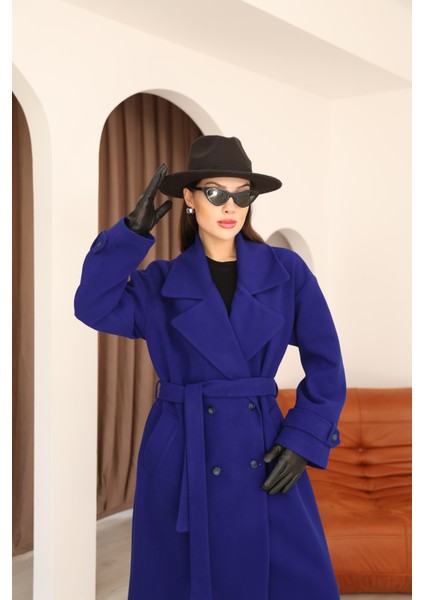 Kadın Saks Mavi Kruvaze Oversize Kuşaklı Uzun Kaşe Kaban indirimleri