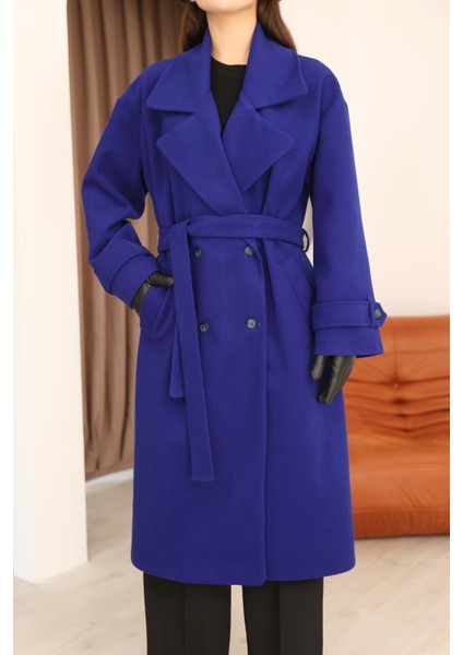 Kadın Saks Mavi Kruvaze Oversize Kuşaklı Uzun Kaşe Kaban