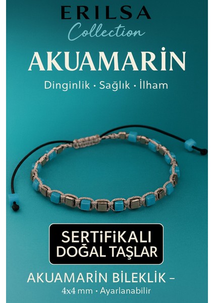 Sertifikalı Doğal Terahertz - Akuamarin Taşı Bileklik 4x4 mm - Dinginlik Sağlık ve Iletişim Taşı