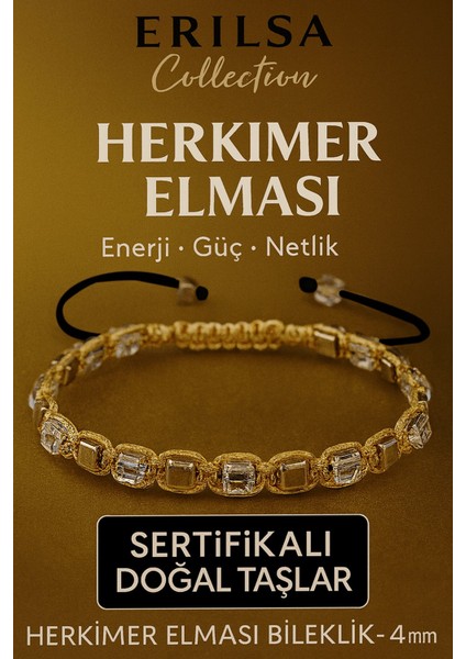 Sertifikalı Doğal Terahertz - Herkimer Elması Taşı Bileklik 4x4 mm - Arınma ve Işık Taşı