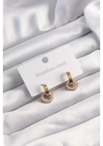 Bfs 316L Çelik Altın Renk Zirkon Taşlı Halka Model Küpe