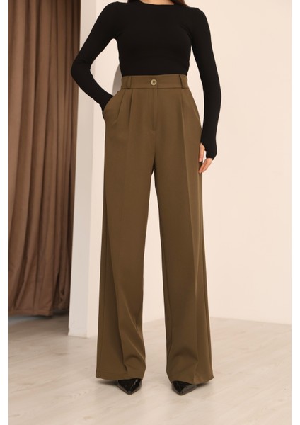 Kadın Haki Arkası Lastikli Palazzo Pantolon indirimleri