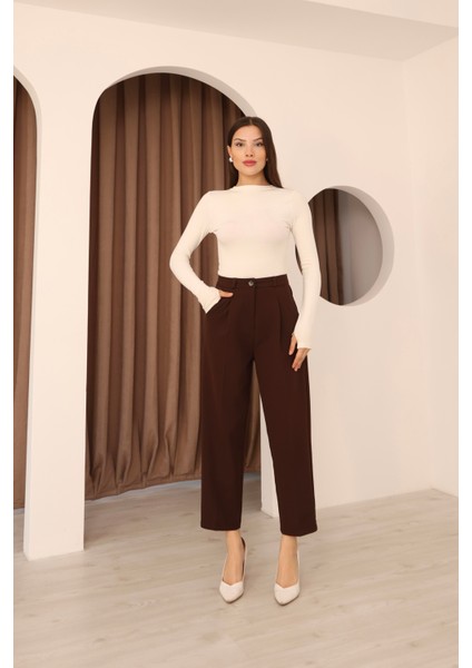 Kadın Kahverengi Dar Kesim Cepli Kumaş Pantolon