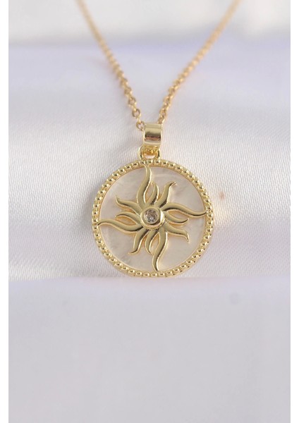 Bfs 316L Çelik Zincir Altın Renk Zirkon Taşlı Oval Tasarım Güneş Kolye