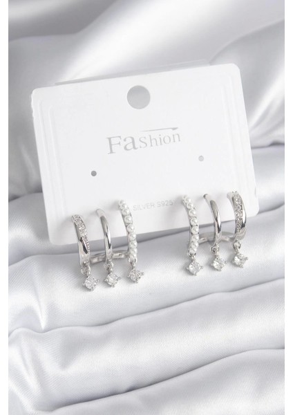 Bfs Pirinç Gümüş Renk Zirkon Taş Detay Incili Kadın Küpe