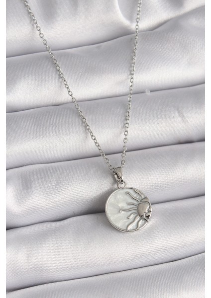 Bfs 316L Çelik Gümüş Renk Zincir Beyaz Sedefli Gün Batımı Model Kadın Kolye