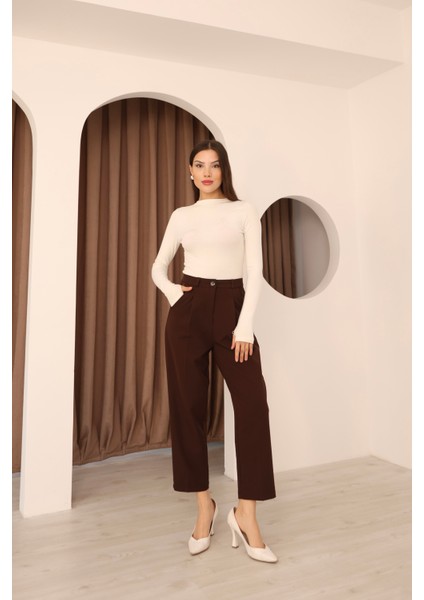 Kadın Kahverengi Dar Kesim Cepli Kumaş Pantolon modelleri