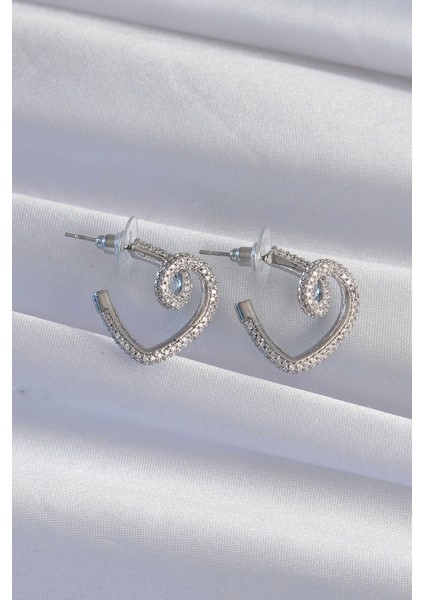 Bfs Pirinç Gümüş Renk Zirkon Taşlı Kıvrımlı Yarım Kalp Küpe fiyatları