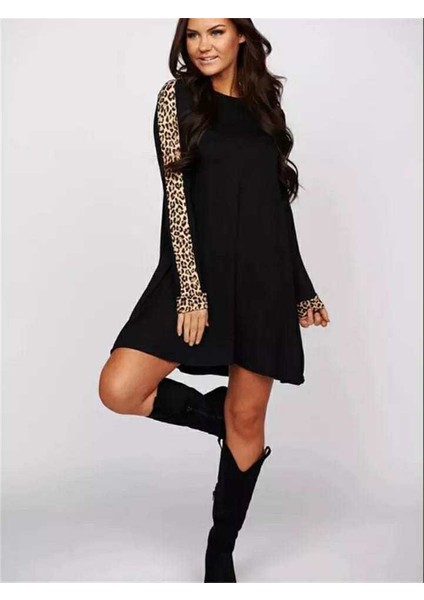 Kadın Uzun Kollu Bisiklet Yaka Kollar Leopar Şeritli Salaş Iki Iplik Elbise fırsatları
