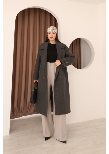 Kadın Antrasit Kruvaze Oversize Kuşaklı Uzun Kaşe Kaban