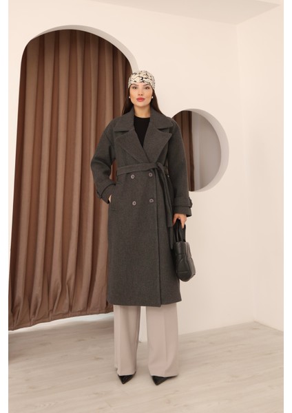 Kadın Antrasit Kruvaze Oversize Kuşaklı Uzun Kaşe Kaban fiyatları