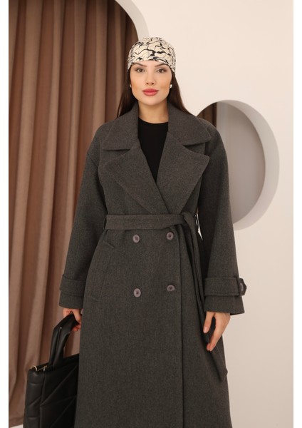 Kadın Antrasit Kruvaze Oversize Kuşaklı Uzun Kaşe Kaban fırsatları