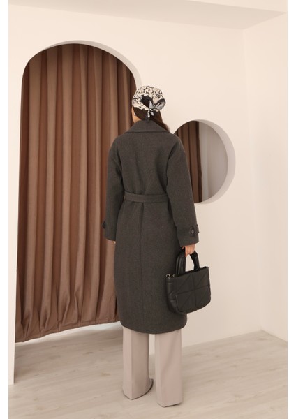 Kadın Antrasit Kruvaze Oversize Kuşaklı Uzun Kaşe Kaban indirimleri