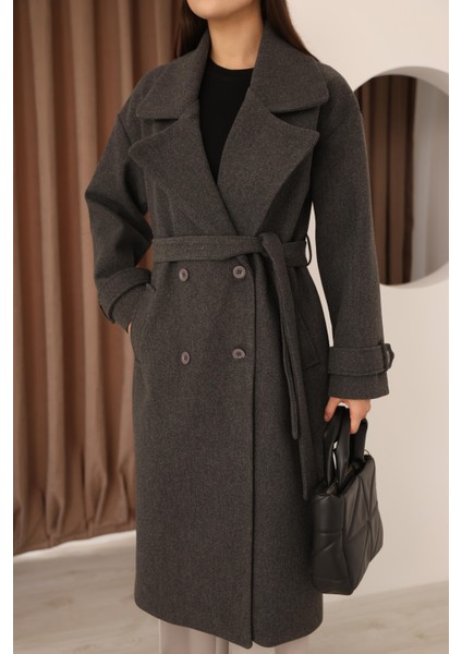 Kadın Antrasit Kruvaze Oversize Kuşaklı Uzun Kaşe Kaban