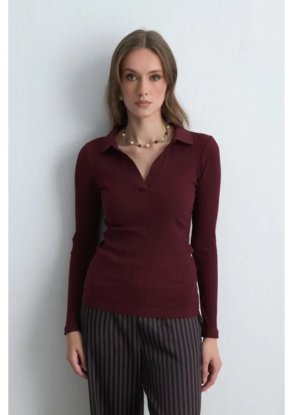 Polo Yakalı Pamuk Örme Bluz - Bordo